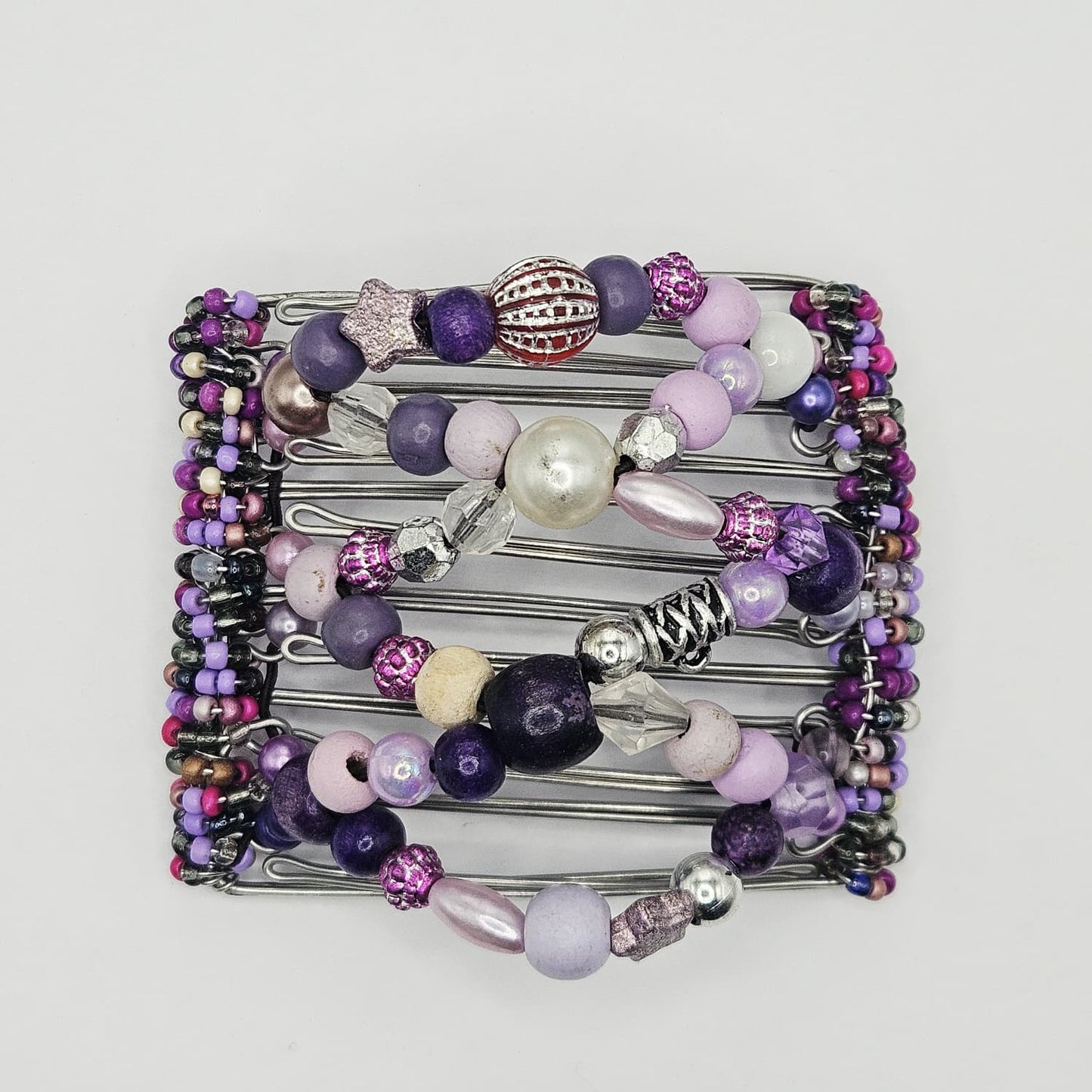 7 Tooth medium Hair comb, Purple chunky mix, silver ornate beads