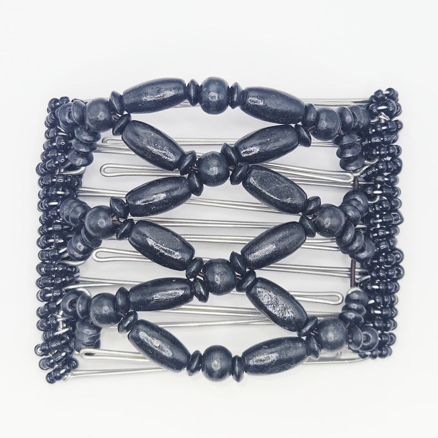 7 Tooth medium Hair comb, Black wood geometric neutral design