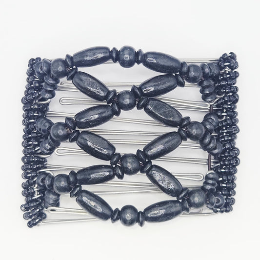 7 Tooth medium Hair comb, Black wood geometric neutral design