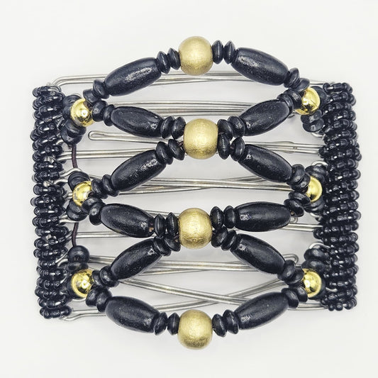 7 Tooth medium Hair comb, Black and gold tone wooden dressy design