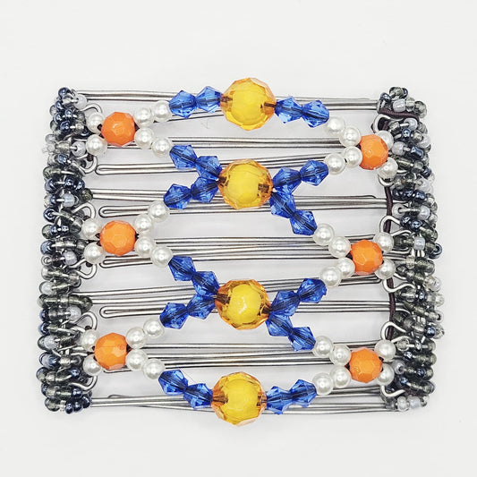 7 Tooth medium Hair comb, Orange, blue and white 3D centre