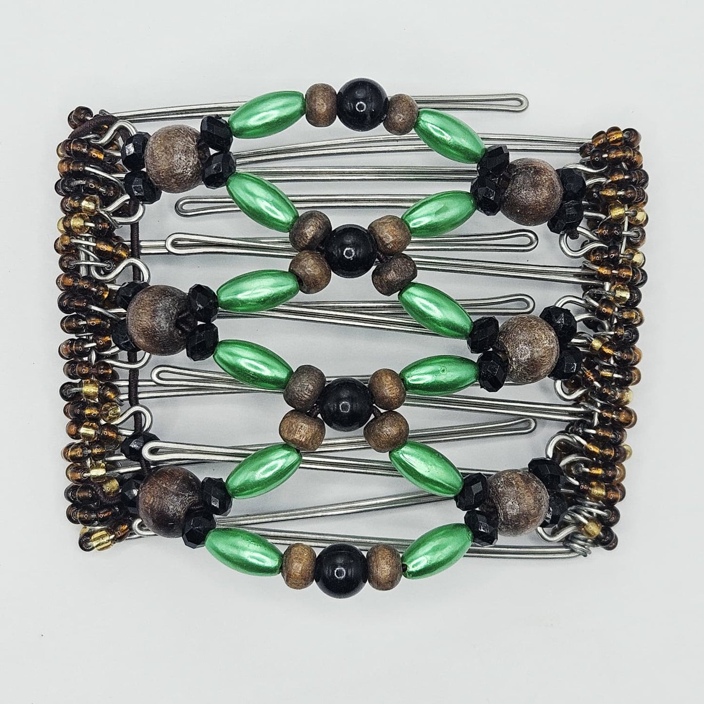 7 Tooth medium Hair comb, Green and brown geometric design