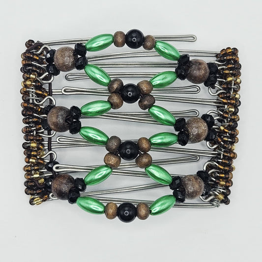 7 Tooth medium Hair comb, Green and brown geometric design