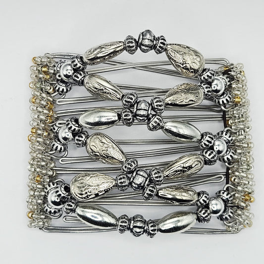 7-Tooth Medium hair comb, Silver tone ornamental design