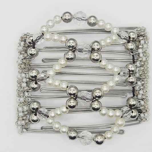 7-Tooth Medium hair comb, Pearl and silver tone dressy,