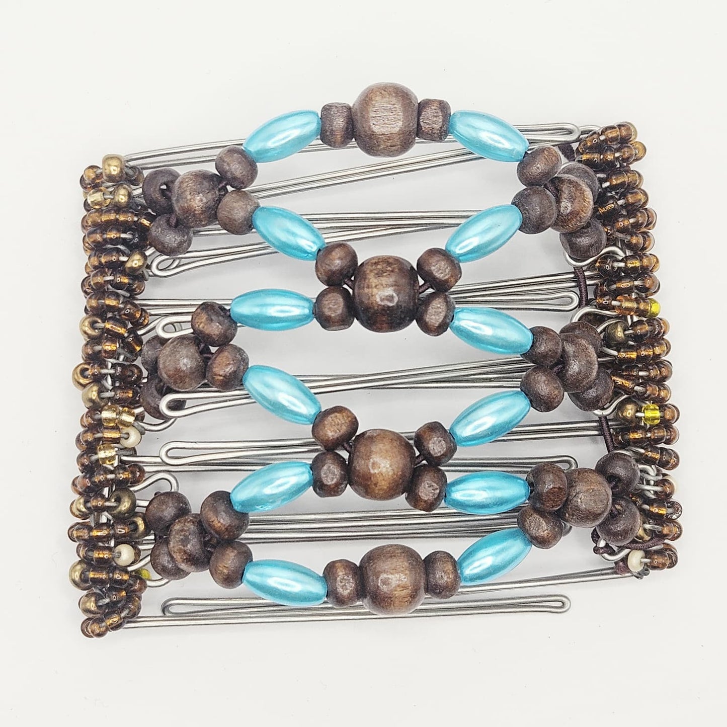 7-Tooth Medium hair comb, Sky-Blue and brown neutral, wood beads
