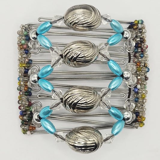 7-Tooth Medium hair comb, Oversized centre bead design, sky-blue and silver tone