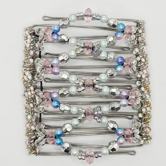 9 Tooth Large Hair comb,, Pink, blue, silver butterfly design