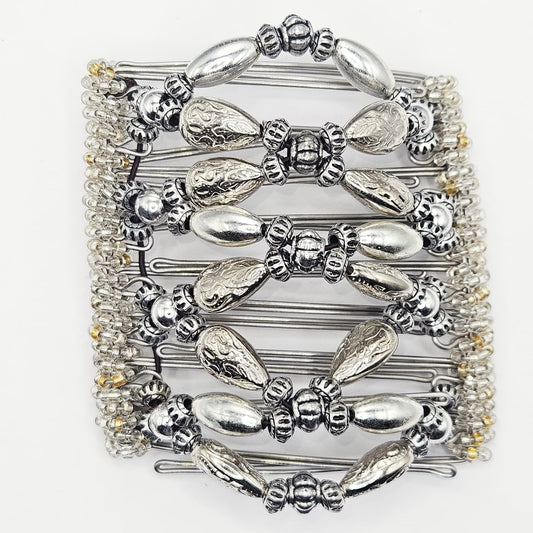 9 Tooth Large Hair comb, Silver tone ornamental design