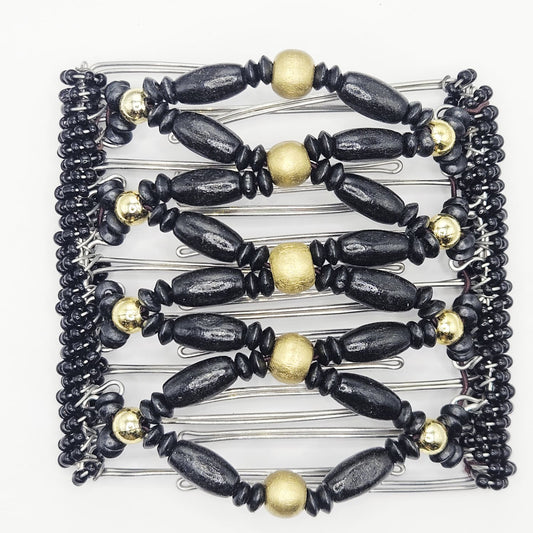 9 Tooth Large Hair comb,Black and gold tone wooden dressy design