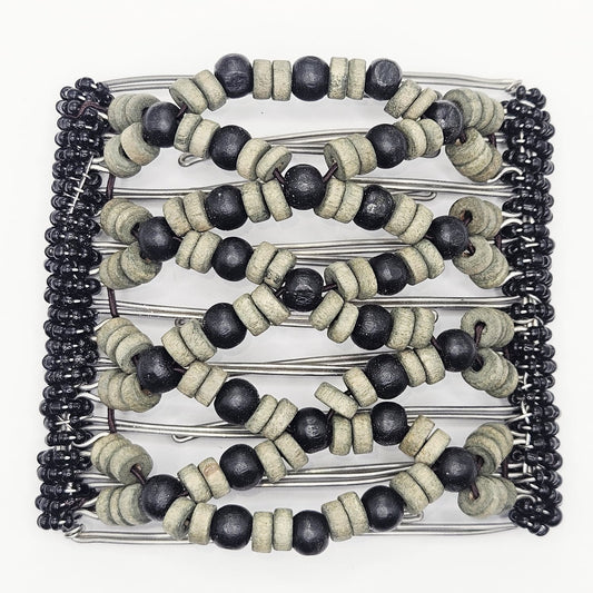 9 Tooth Large Hair comb, Black and green/grey medallion wood