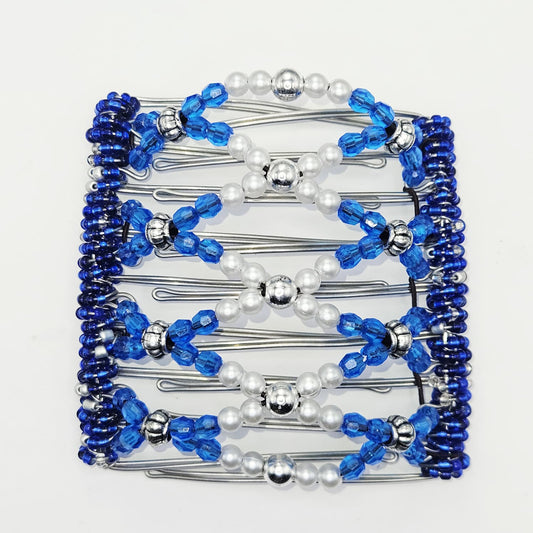 9 Tooth Large Hair comb, Blue and silver, pearls and sparkle.