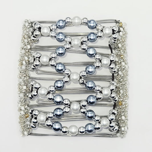 9 Tooth Large Hair comb, Classy pearls, silver with shades of grey