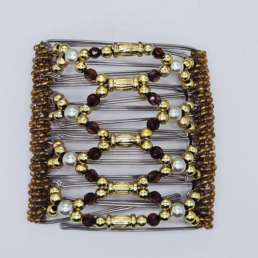 9 Tooth Large Hair comb, Garnet and gold pearls and class,