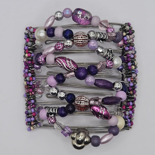 9 Tooth Large Hair comb,, Purple chunky mix, silver ornate beads