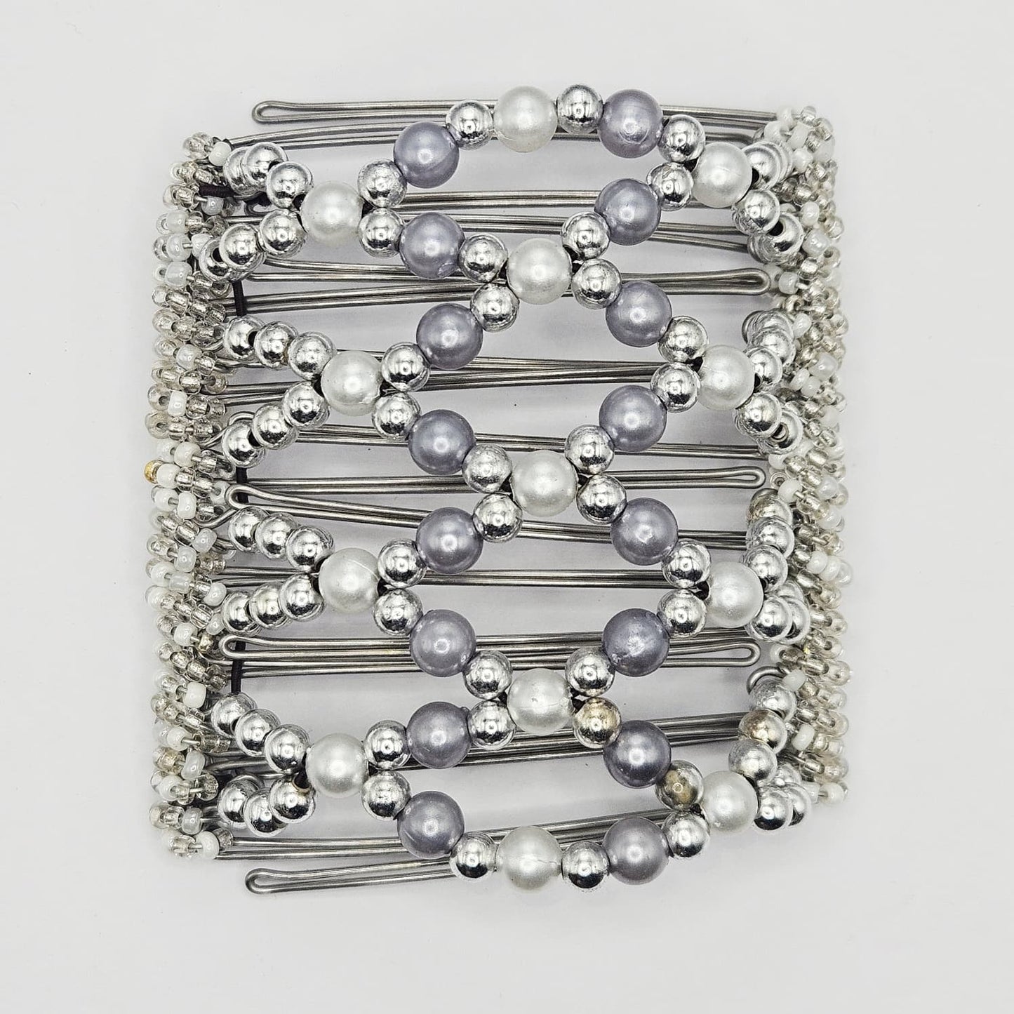 9 Tooth Large Hair comb,, Classy pearls, silver with shades of grey