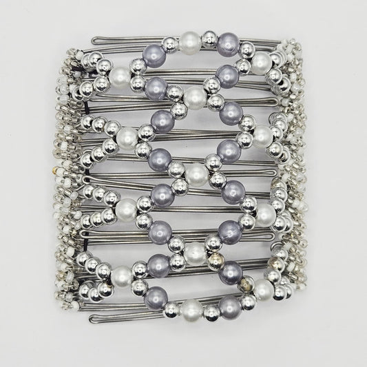 9 Tooth Large Hair comb,, Classy pearls, silver with shades of grey