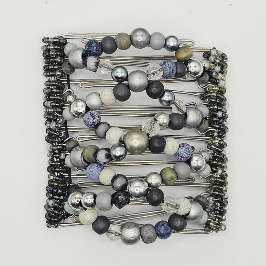 9 Tooth Large Hair comb, Neutral Shades of grey and blue hews, stone imitation,