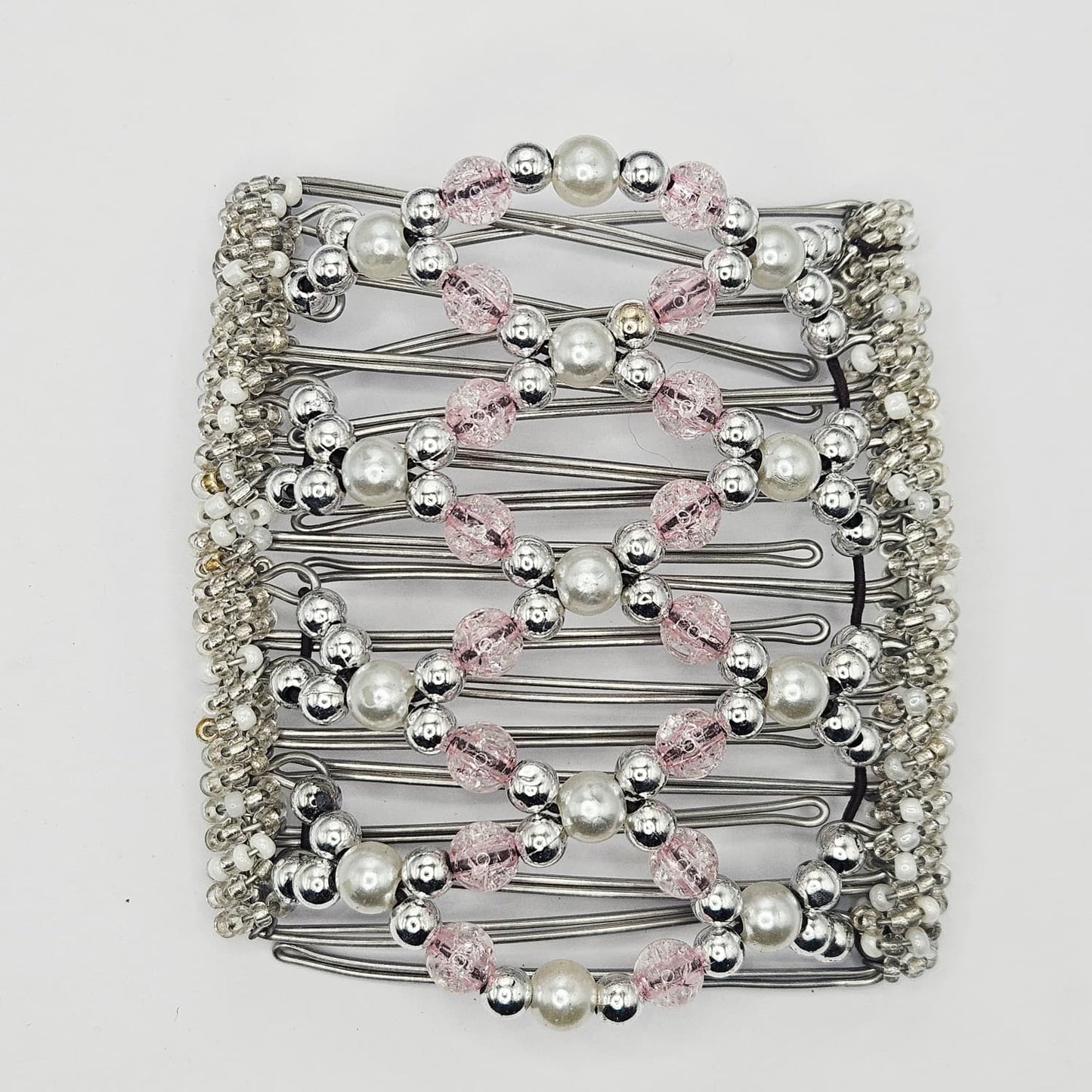9 Tooth Large Hair comb, Pink and silver, crackle bead