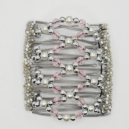 9 Tooth Large Hair comb, Pink and silver, crackle bead