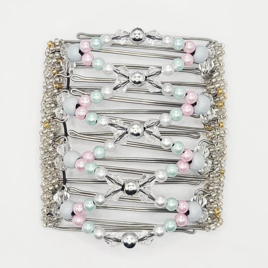9 Tooth Large Hair comb,pink and sky-blue pearls, princess comb