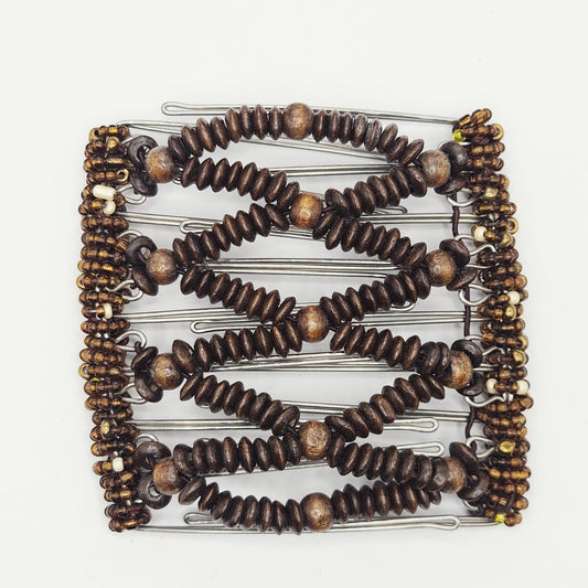 9 Tooth Large Hair comb, Minimalist, Brown Wood, Small Beads, Unisex, Medium Hair, Understated