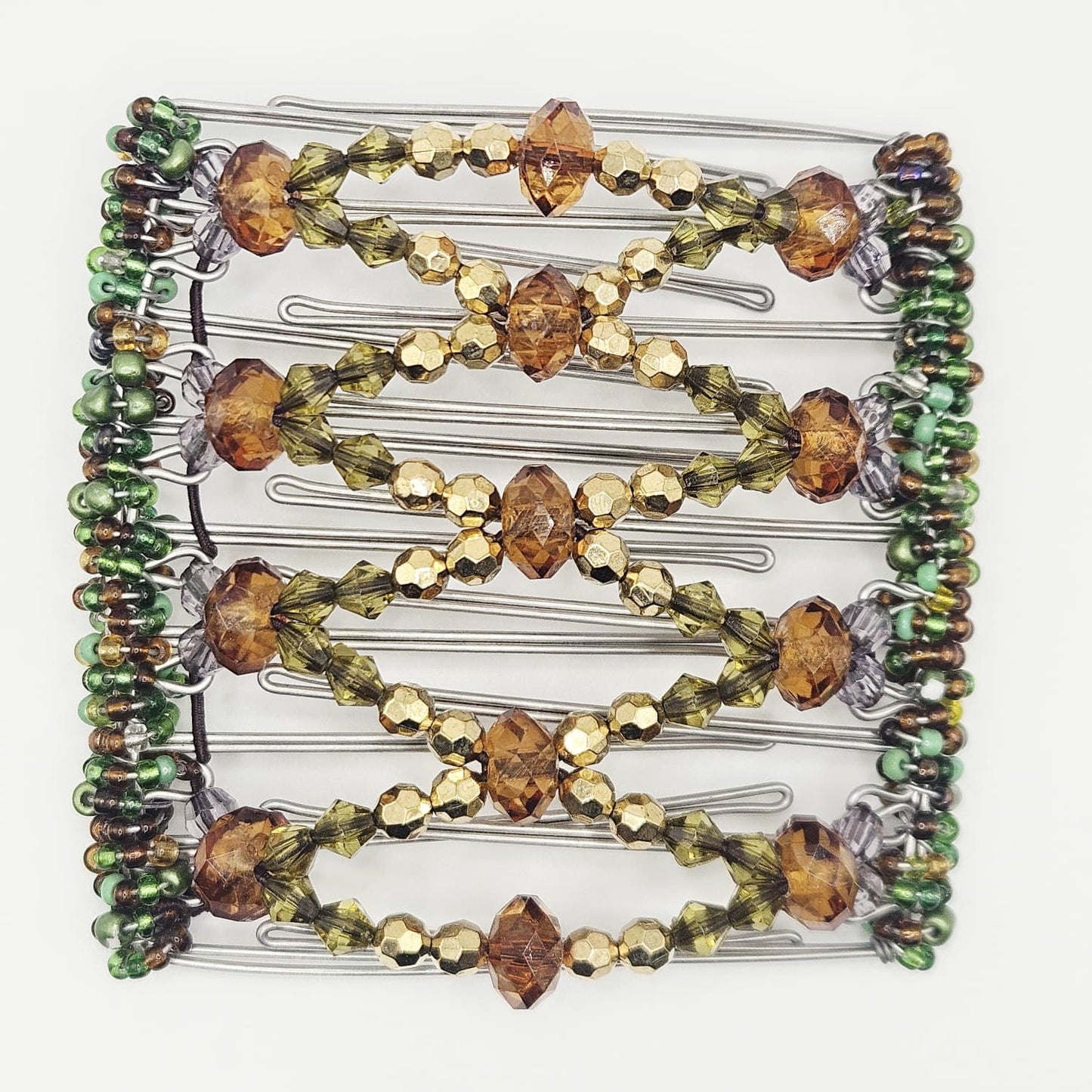 9 Tooth Large hair comb, Neutral green tone with gold tone accents