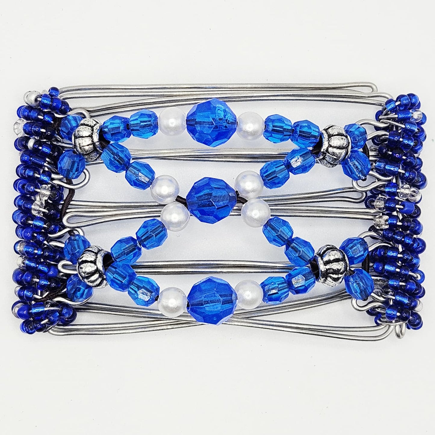 5 Tooth Small Hair comb, Blue and silver, pearls and sparkle.