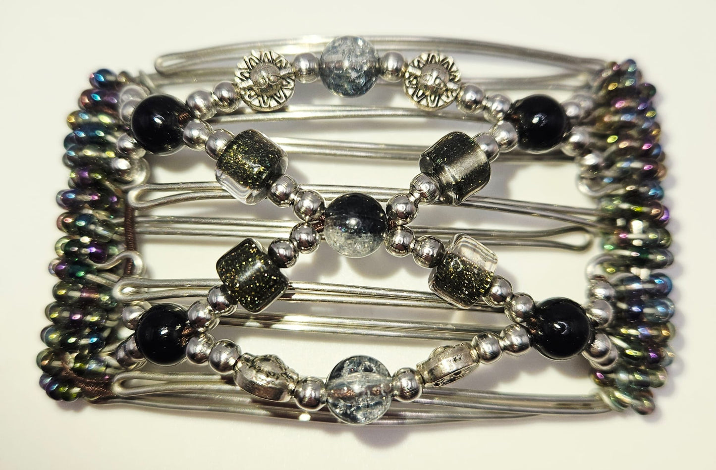 5 Tooth Small Hair Comb, Black And Silver tone silver sun accents