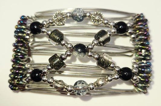 5 Tooth Small Hair Comb, Black And Silver tone silver sun accents