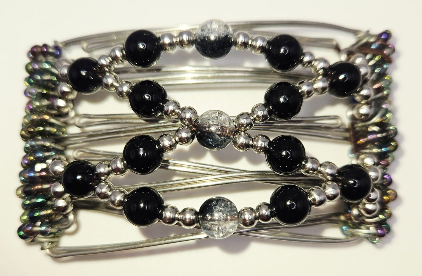 5 Tooth Small Hair Comb, Black And Silver tone round beads