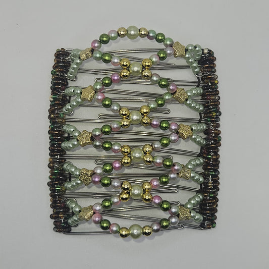 11 Tooth Extra-Large Hair comb, Shiney and whimsical, golds ,greens, pinks, golden stars