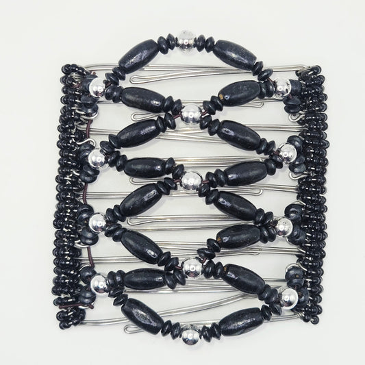 9 Tooth Large Hair comb by The Hair Jeweler Inc,, Black and Silver tone wooden dressy design