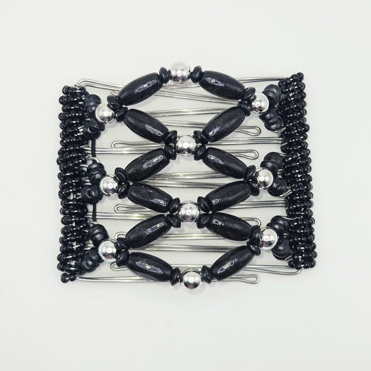 7 Tooth medium Hair comb, Black and Silver tone wooden dressy design