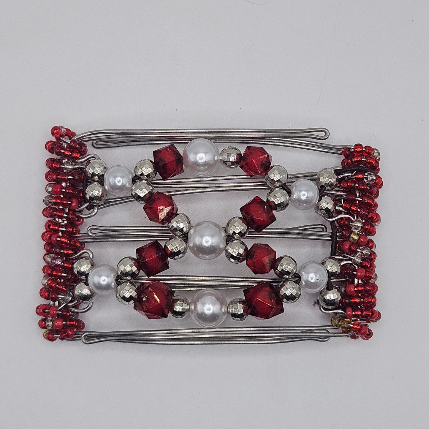 5 Tooth Small Hair Comb by The Hair Jeweler Inc. Red, Silver, Pearls !!!