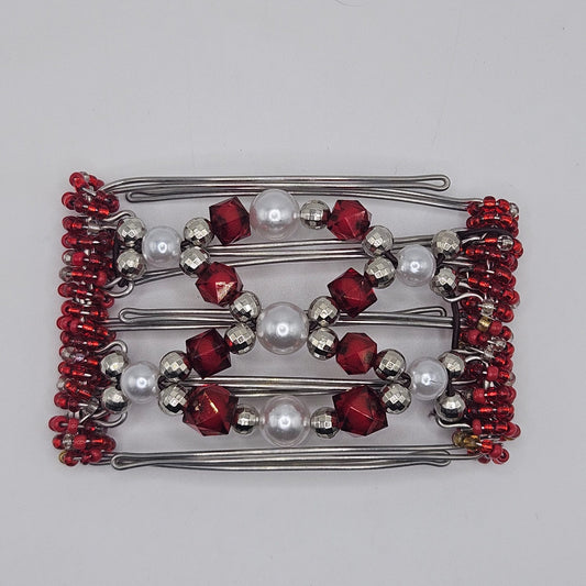 5 Tooth Small Hair Comb by The Hair Jeweler Inc. Red, Silver, Pearls !!!