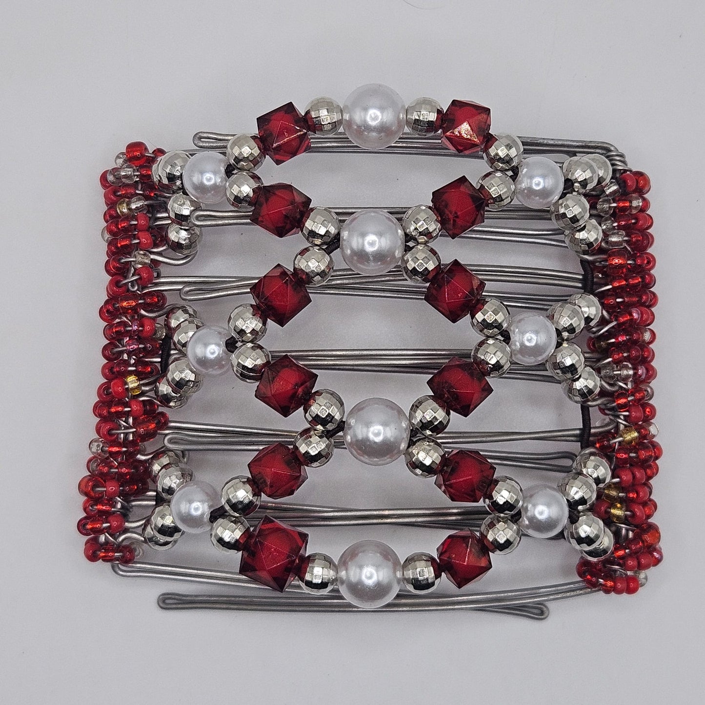 7 Tooth Medium Hair Comb by The Hair Jeweler Inc. Red, Silver, Pearls !!!
