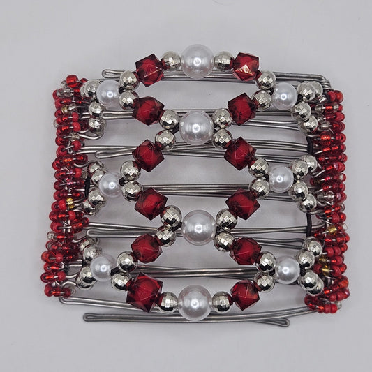 7 Tooth Medium Hair Comb by The Hair Jeweler Inc. Red, Silver, Pearls !!!