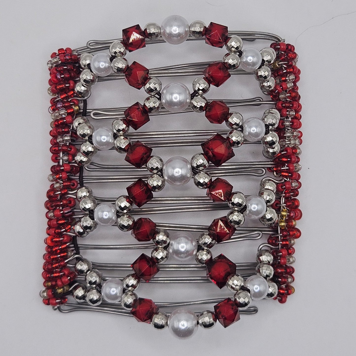 9 Tooth Large Hair Comb by The Hair Jeweler Inc.Red, Silver, Pearls !!!