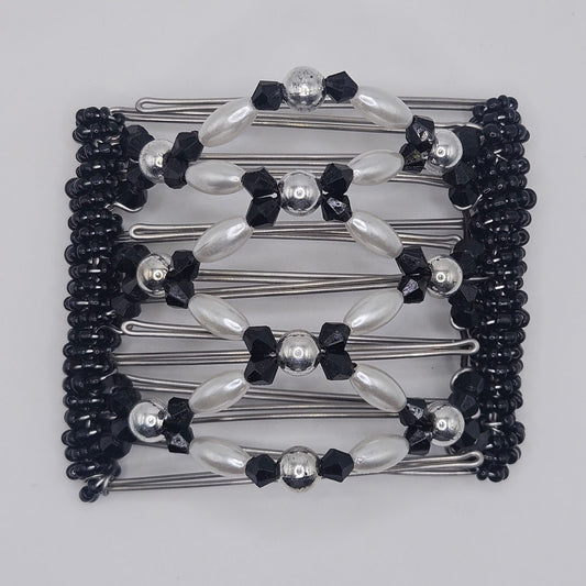 7 Tooth Medium Hair comb by The Hair Jeweler Inc. Silver, Black and white dressy