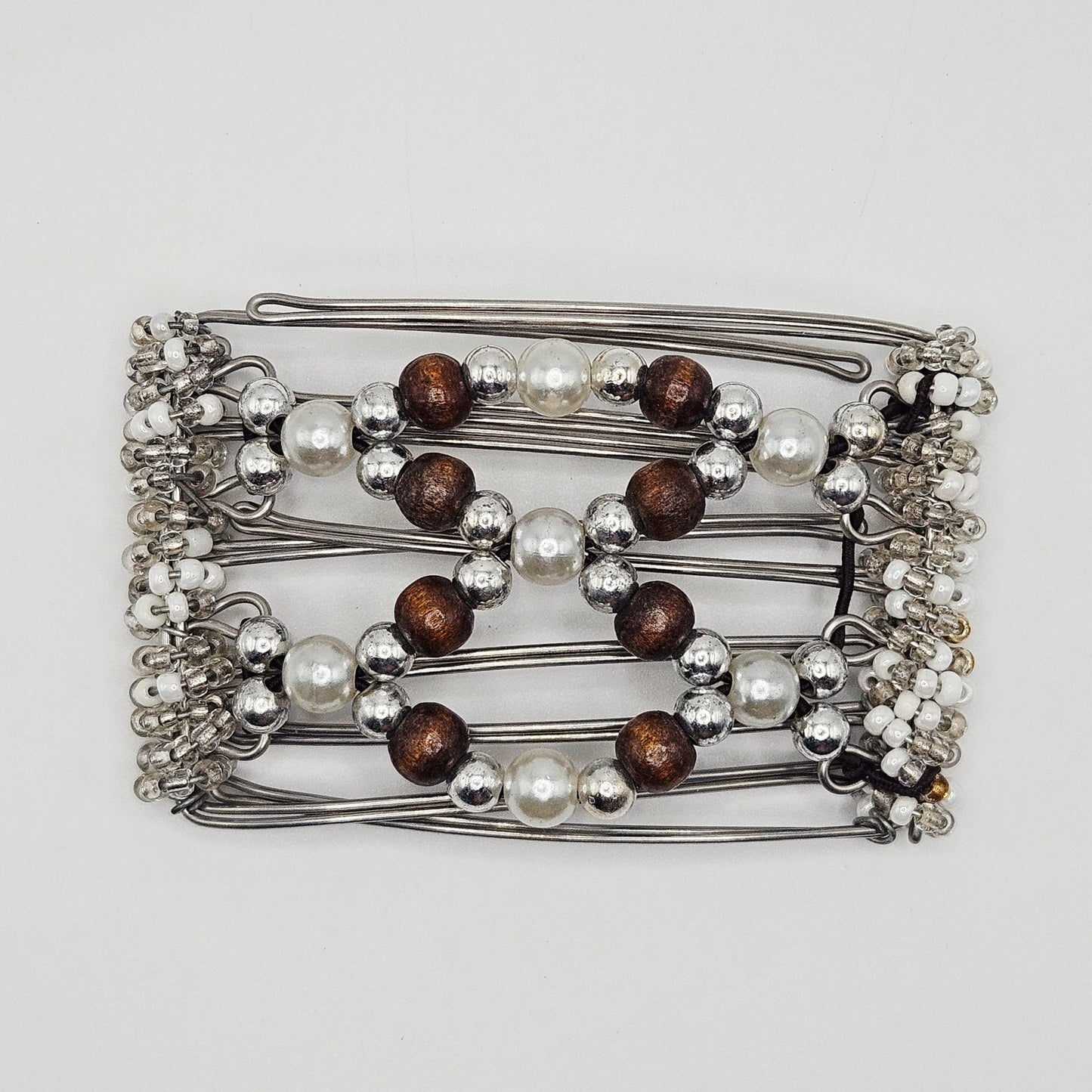 5 Tooth Small hair comb by The Hair Jeweler Inc. Silver and pearls, wood accents(brown)