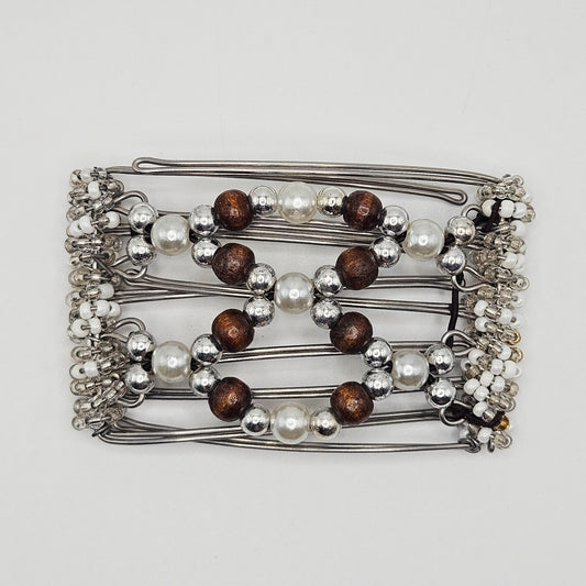 5 Tooth Small hair comb by The Hair Jeweler Inc. Silver and pearls, wood accents(brown)