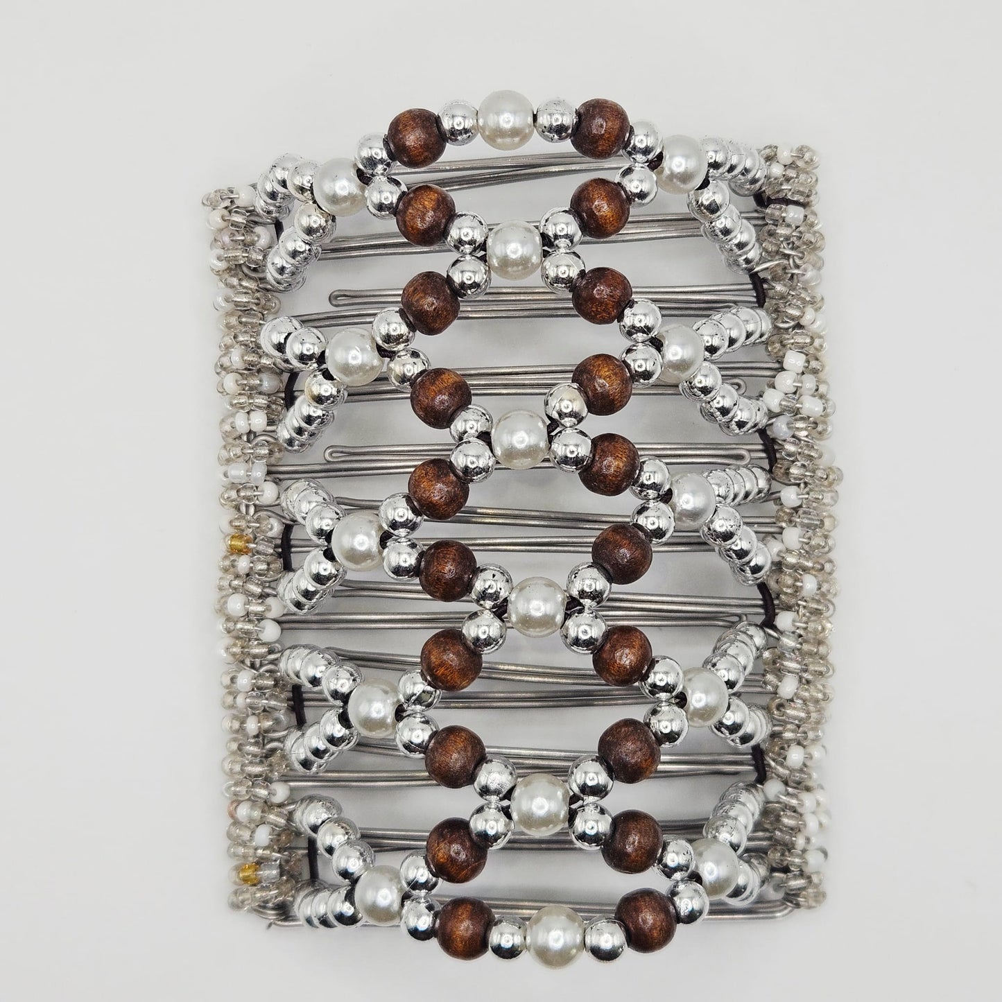 11 Tooth Extra-Large hair comb by The Hair Jeweler Inc. Silver and pearls, wood accents(brown)