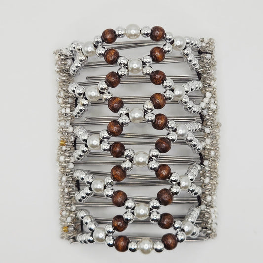 11 Tooth Extra-Large hair comb by The Hair Jeweler Inc. Silver and pearls, wood accents(brown)