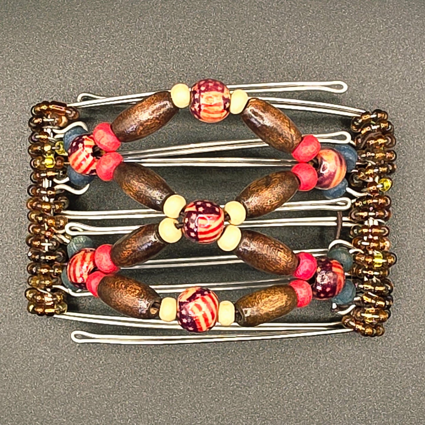 5 Tooth Small hair comb by The Hair Jeweler Inc. Wood red,white and blue design