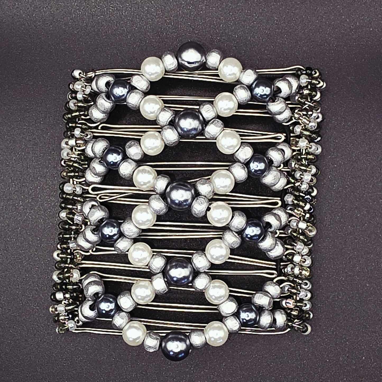 Large 9 tooth hair comb by The Hair Jeweler Inc. Pearly greys for everydays.