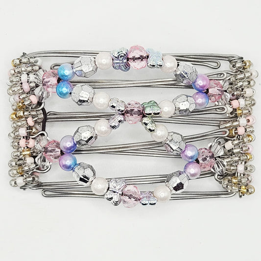 5 Tooth Small Hair comb, Pink, blue, silver butterfly design